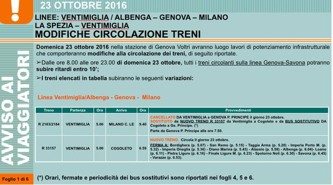 Treni, lavori a Genova Voltri: domenica ritardi e sostituzioni bus - Genova24.it